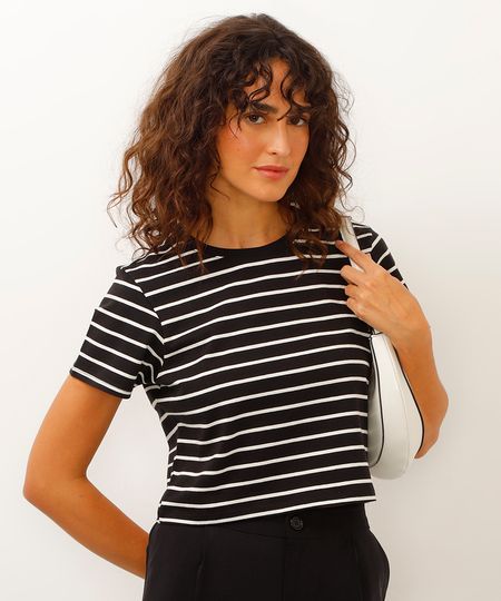 camiseta de algodão peruano cropped listrada preta PP