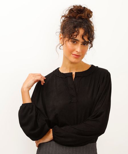 blusa de suede gola clássica manga bufante preto P blusa de suede gola clássica manga bufante preto P