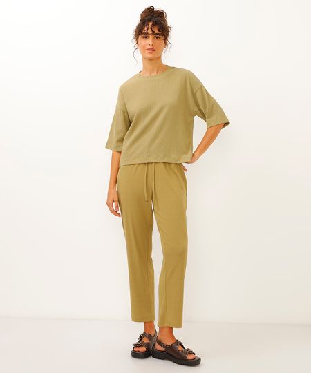calça jogger cós com elástico texturizada verde M