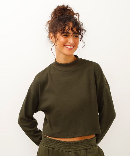 blusa texturizada básica manga longa verde - verde militar PP