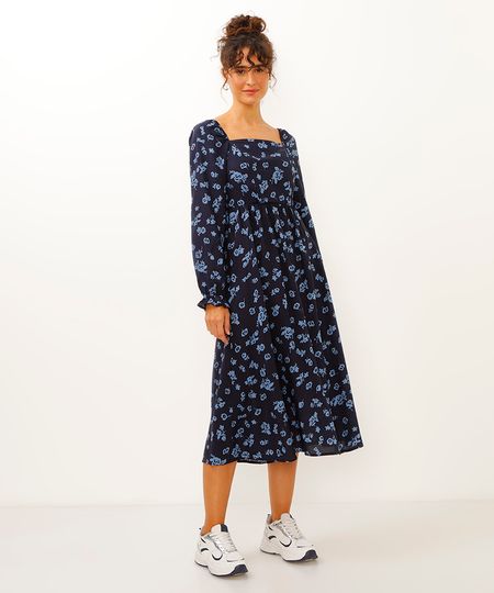 vestido midi floral azul marinho PP