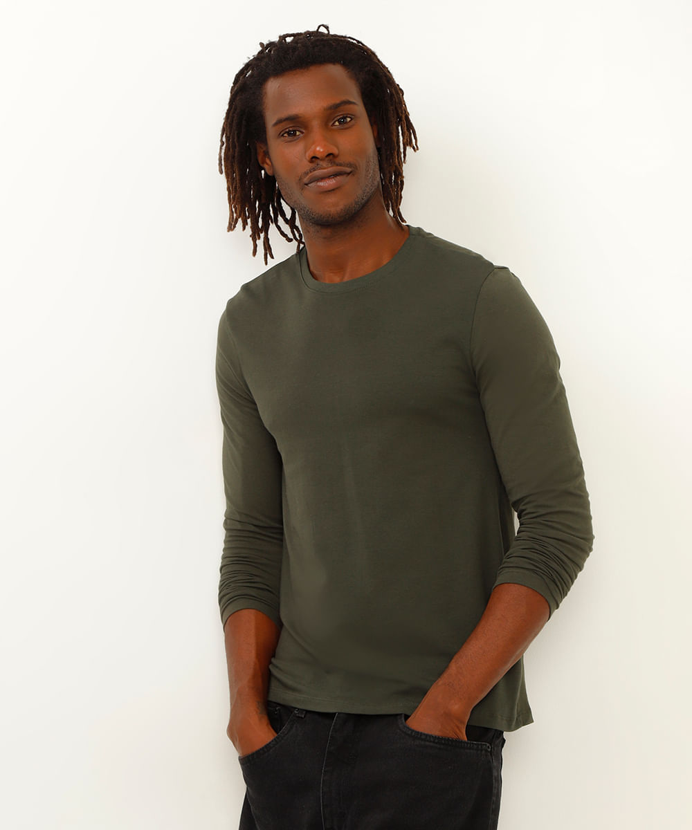 camiseta de algodão slim manga longa verde militar