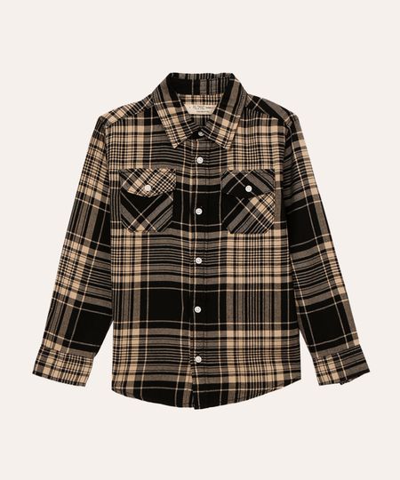 camisa flanelada com bolsos infantil xadrez preta 6