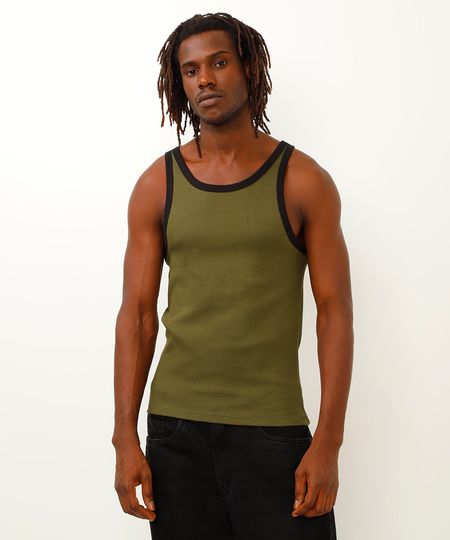 regata de algodão slim fit bicolor verde militar PP
