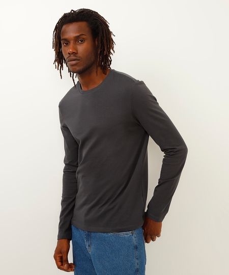 camiseta de algodão slim manga longa cinza M camiseta de algodão slim manga longa cinza M