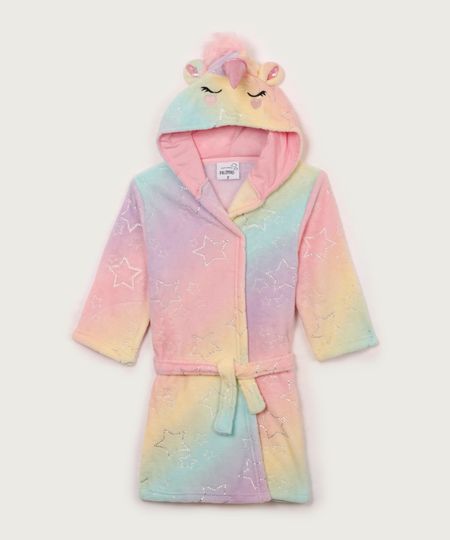 roupão de pelúcia infantil tie dye unicórnio rosa claro P