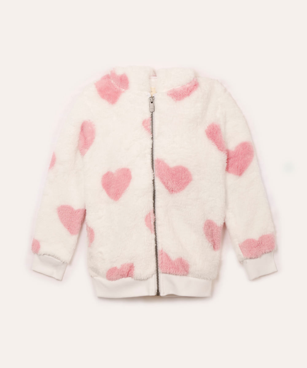jaqueta infantil de pelúcia com capuz coração off white