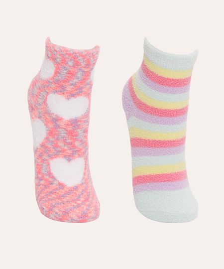 kit de 2 meias de pelúcia infantil cano médio colorido 23 - 28