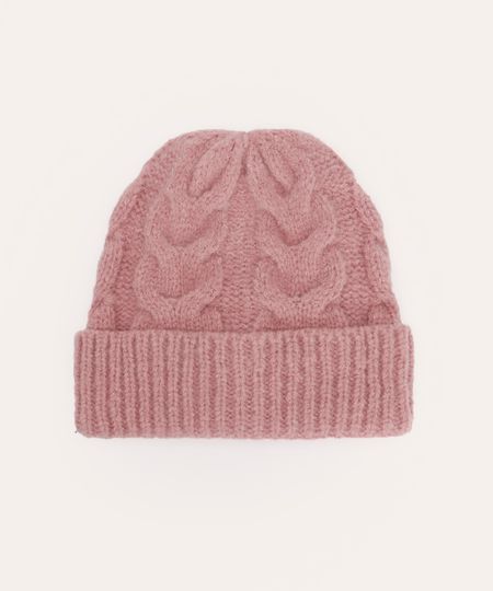 gorro de tricô texturizado trançado rosa UNICO