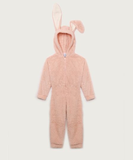 pijama infantil de pelúcia capuz com orelhas de coelho rosa 6