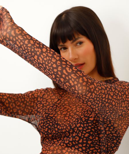 blusa de tule animal print manga longa preto PP blusa de tule animal print manga longa preto PP