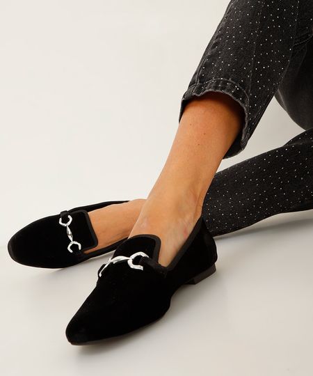 mocassim de veludo com bridão via uno preto 35