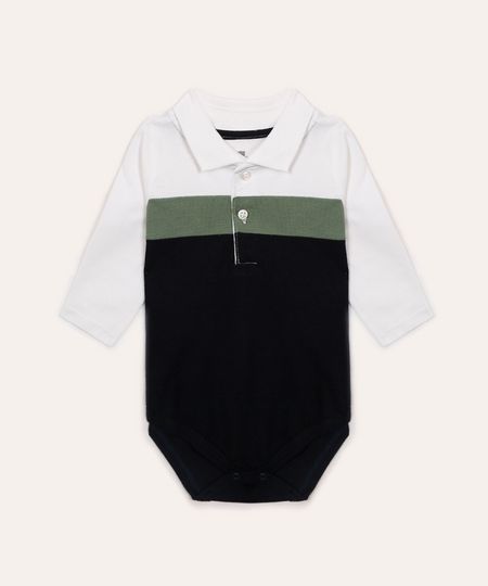 body de algodão piquet infantil listrado gola polo off white 3-6