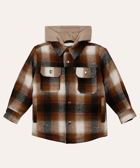 jaqueta flanelada infantil xadrez com capuz bege 4