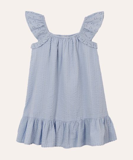 vestido de algodão infantil babado de laise azul 3