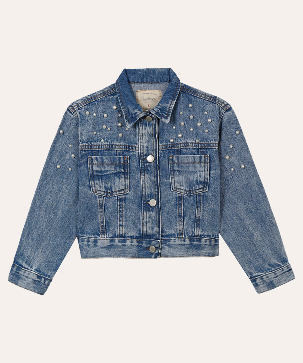 jaqueta jeans infantil com pérola azul
