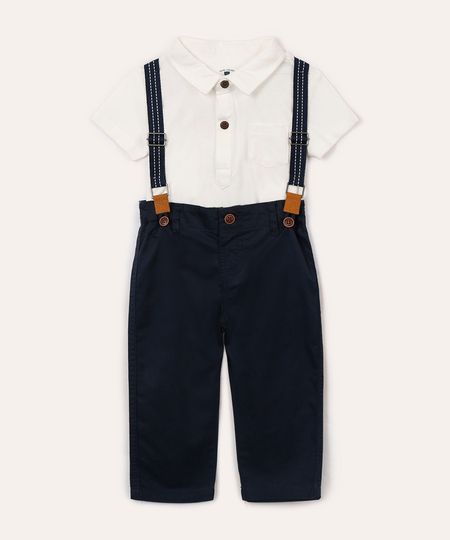 conjunto infantil com polo e suspensório off white 3-6