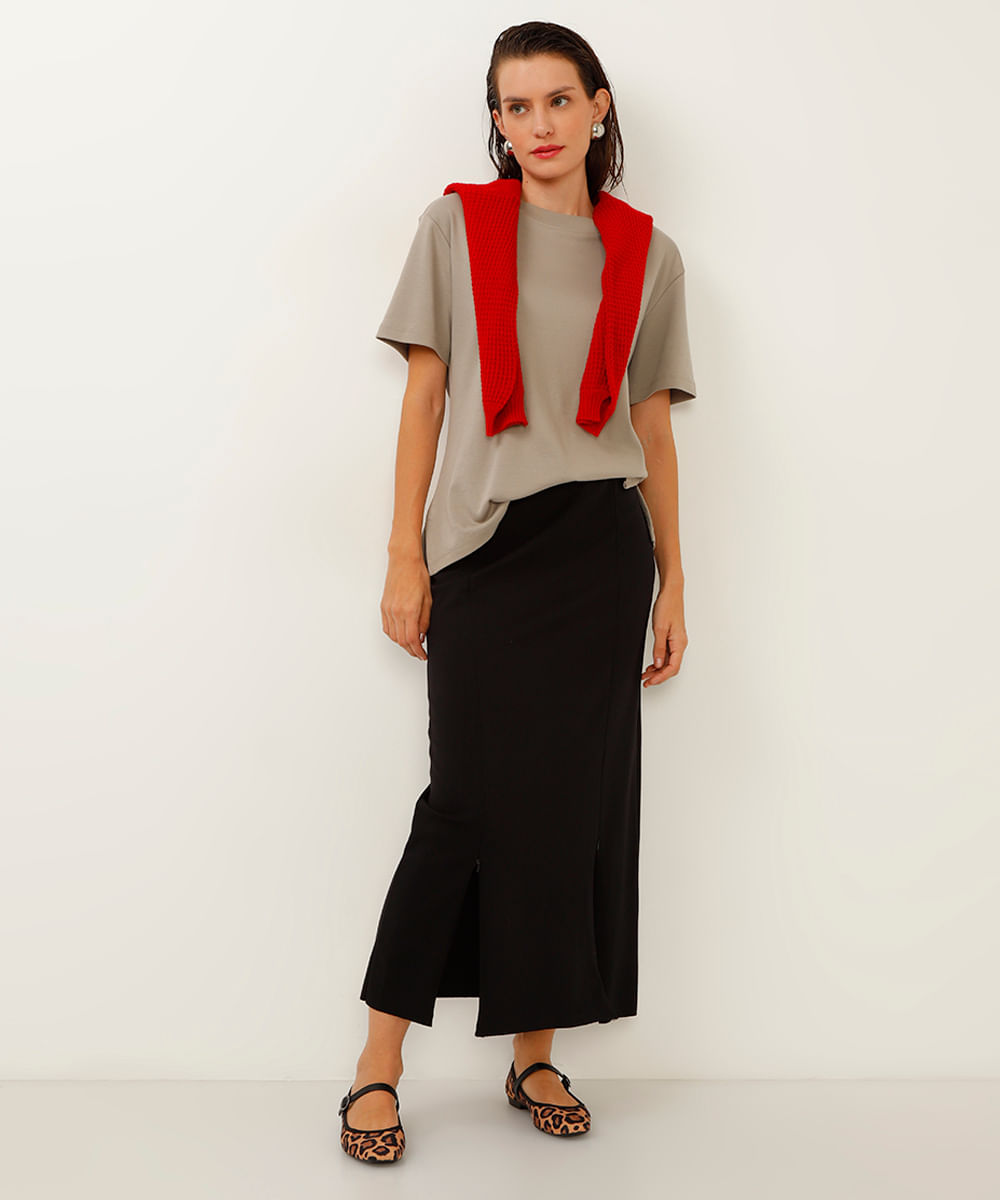 saia midi com fenda de zíper preto