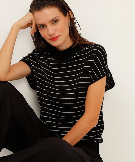blusa de tricot muscle tee gola alta listrada preto PP