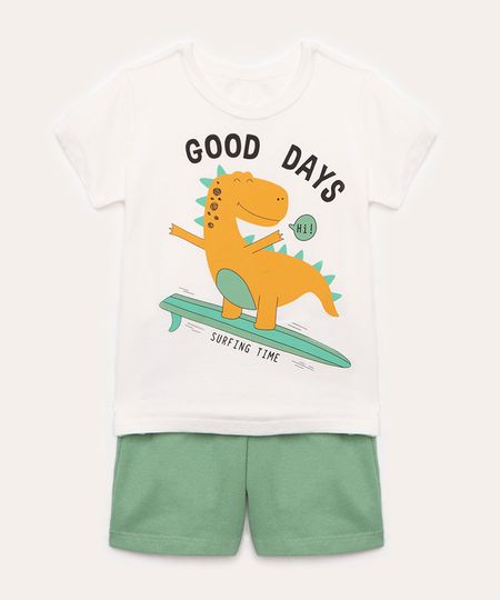 conjunto infantil manga curta com short dinossauro surf branco 1