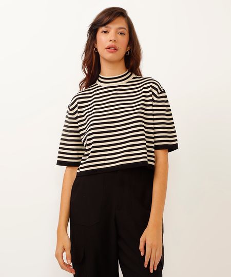 blusa de tricot cropped listrada preta P blusa de tricot cropped listrada preta P