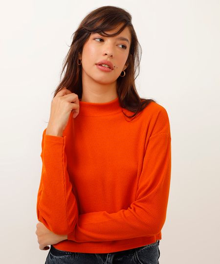 blusa texturizada básica manga longa verde - terracota M