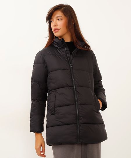 jaqueta puffer alongada com bolso preta G