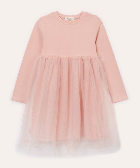 vestido de algodão infantil com tule e brilho rosa 1