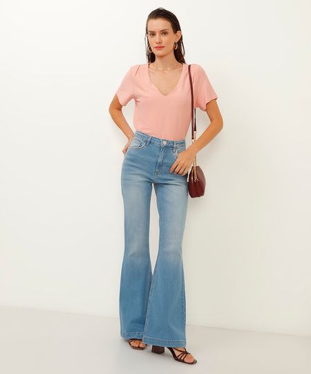 calça jeans flare cintura alta azul 36