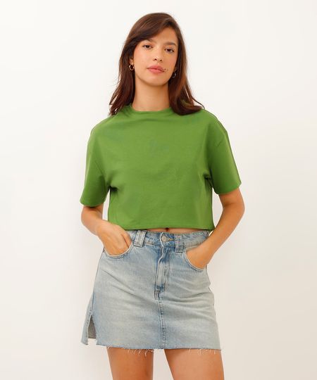 camiseta de moletinho cropped mickey verde PP