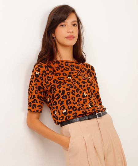 camiseta de viscose manga raglan minnie animal print bege P camiseta de viscose manga raglan minnie animal print bege P