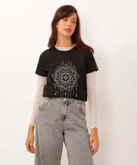 camiseta de algodão manga curta mandala flor preta PP camiseta de algodão manga curta mandala flor preta PP