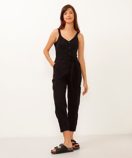 macacão de sarja com botão e faixa preto PP macacão de sarja com botão e faixa preto PP