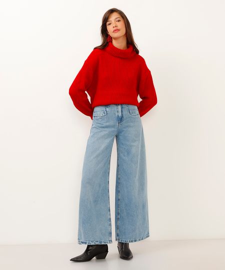 calça jeans super wide leg cintura super alta azul 36
