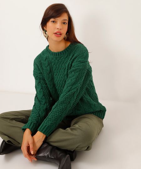 suéter de tricot chenille manga longa verde PP