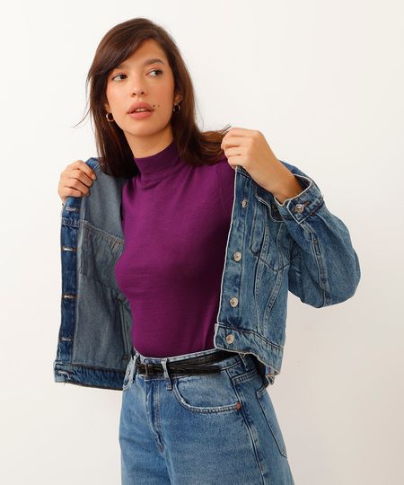 blusa de tricot gola alta canelada roxa PP