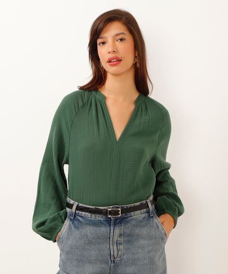 blusa bata de algodão decote v manga longa verde G