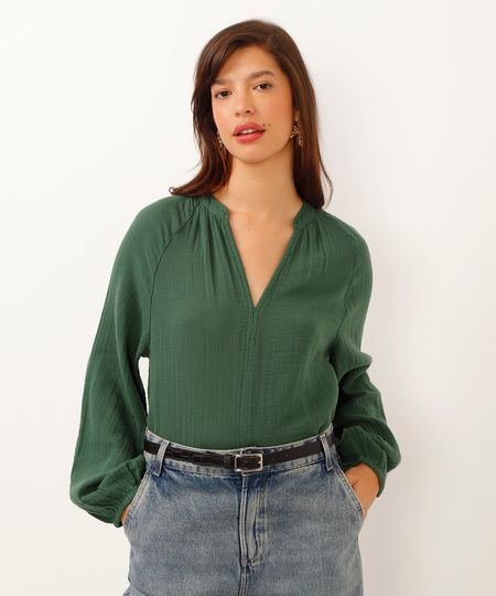 blusa bata de algodão decote v manga longa verde P blusa bata de algodão decote v manga longa verde P