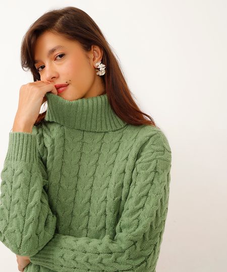 suéter de tricot cropped gola alta verde P
