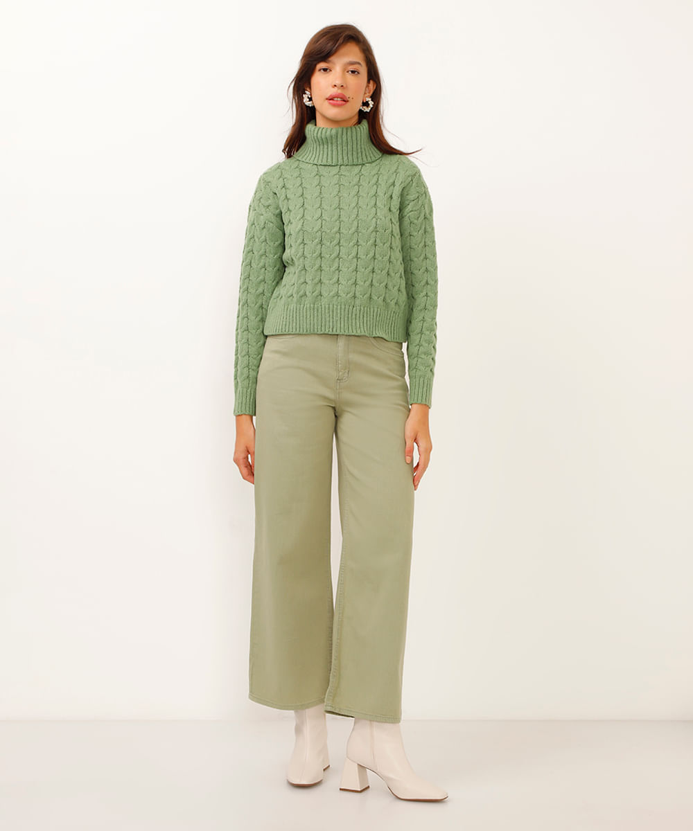 calça de sarja wide leg cropped cintura super alta verde