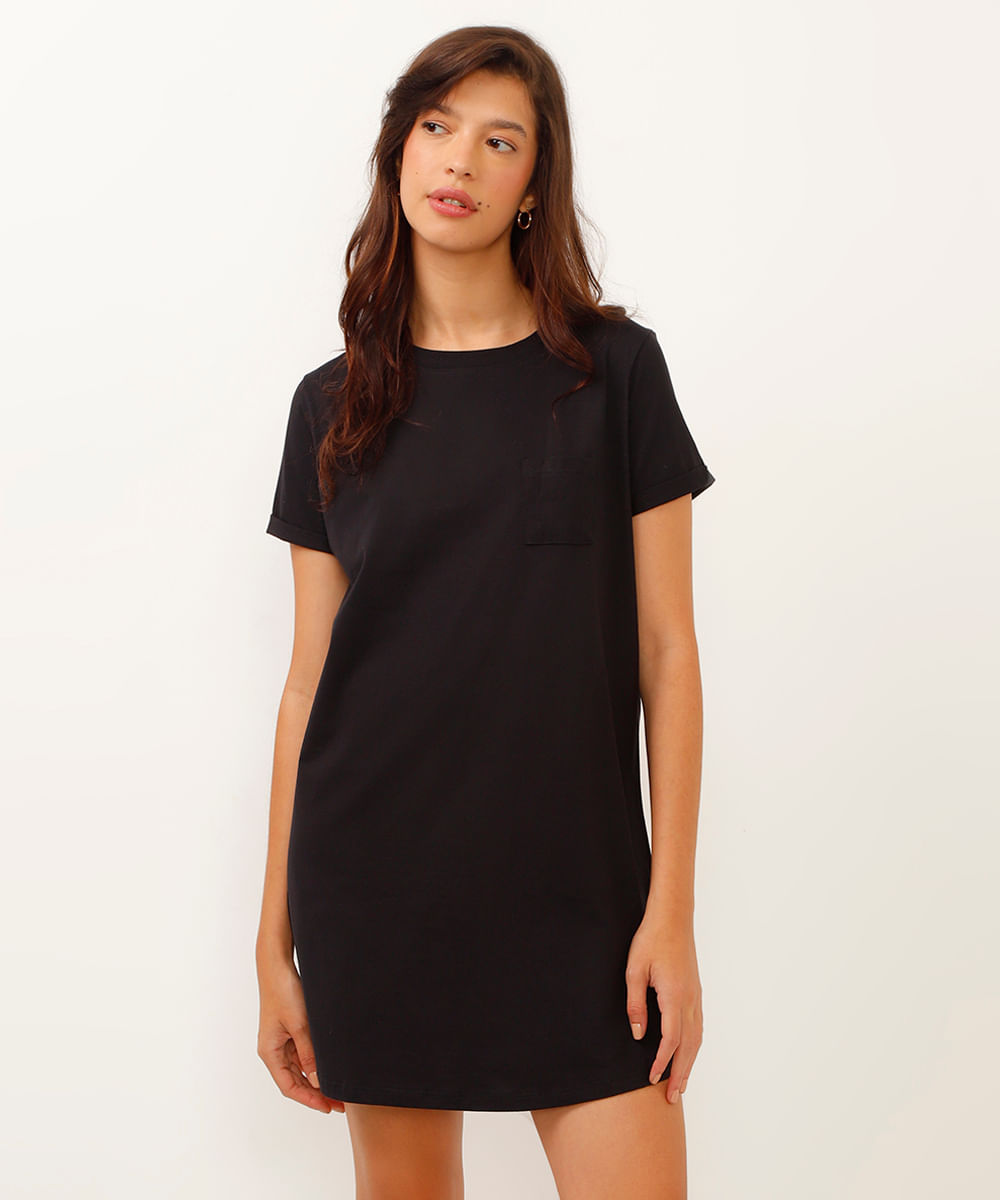 vestido curto de algodão básico manga curta decote redondo com bolso preto