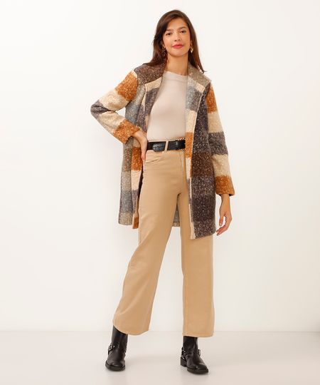 calça de sarja wide leg cropped cintura super alta bege 34
