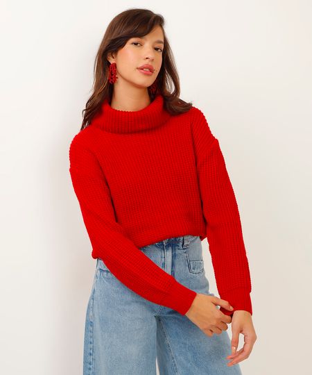 suéter de tricot gola alta vermelho P