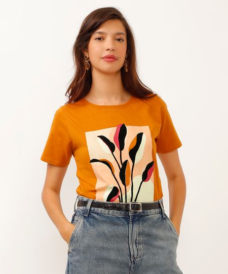 camiseta de algodão manga curta folhagem marrom PP camiseta de algodão manga curta folhagem marrom PP