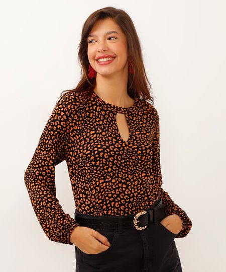 blusa de viscose manga longa animal print preta PP