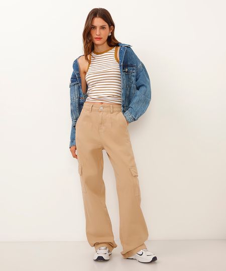 calça wide leg cargo de sarja cintura alta bege 38