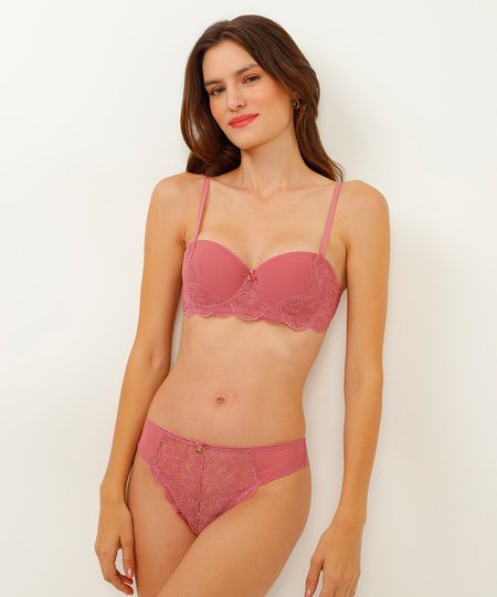 calcinha fio dental em tule e renda rosa M