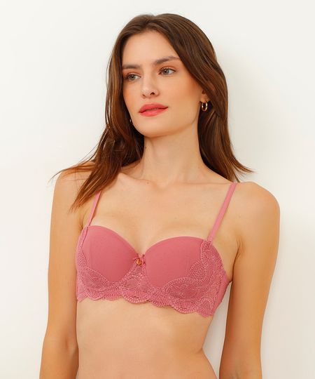 sutiã meia taça com bojo tule e renda rosa 40