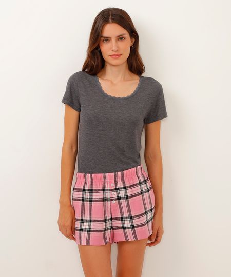 short de pijama flanelado xadrez rosa PP