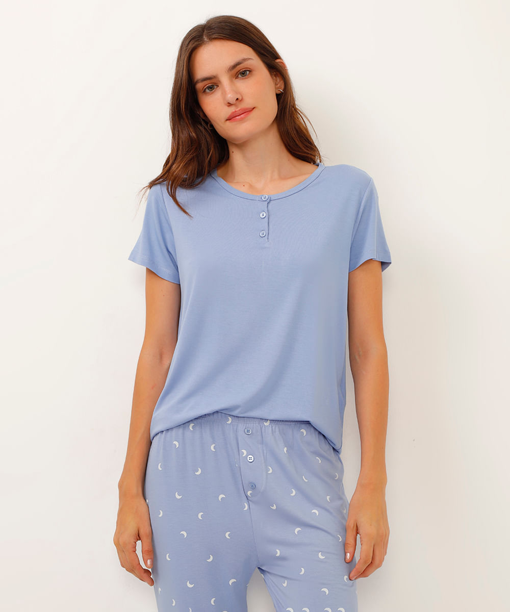 camiseta de pijama viscose com botões azul